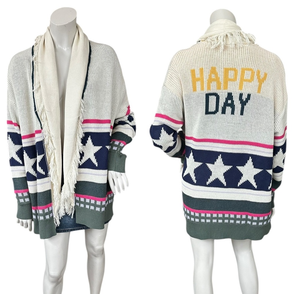 Peace Love World “Happy Day” Chunky Star Patterned Fringe Cardigan Size Medium